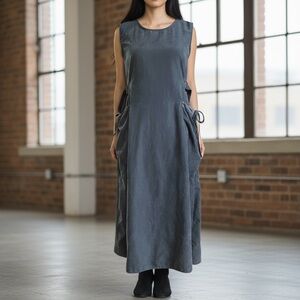Charcoal Peasant Sleeveless Midi Dress Soft Suede Feel Lg. Side Hip Pockets